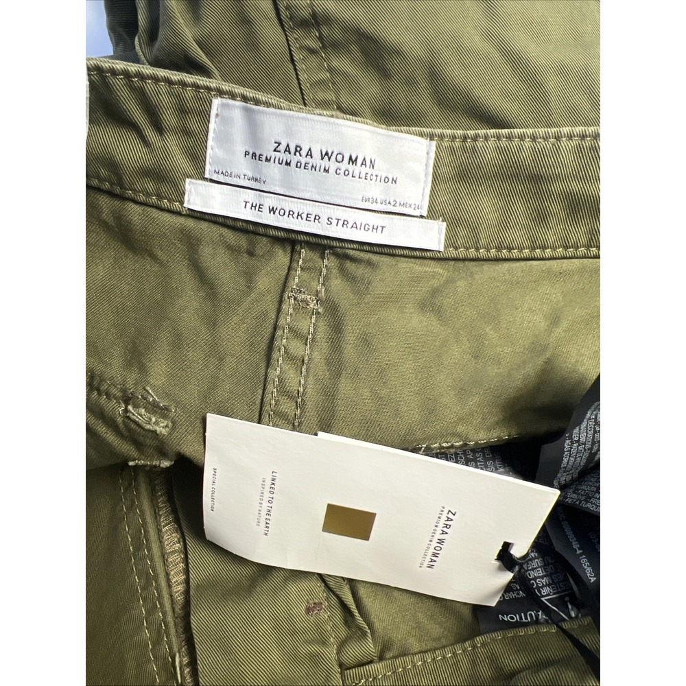 Zara‎ The Workers  Straight Green  Pants Size 2 High Rise Ref Stripe Casual - Picture 5 of 8